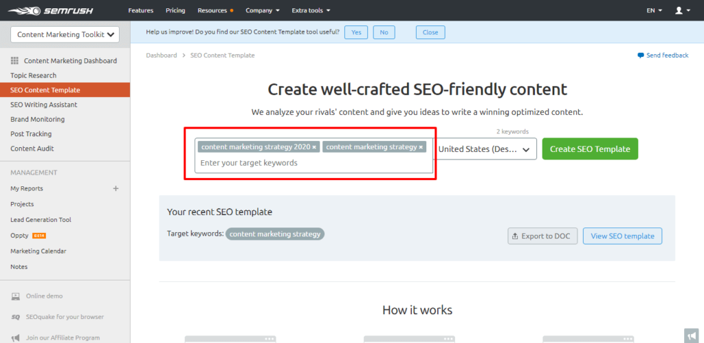 Type Topic/Keyword to Create SEO Template - SEMrush Content Marketing Toolkit