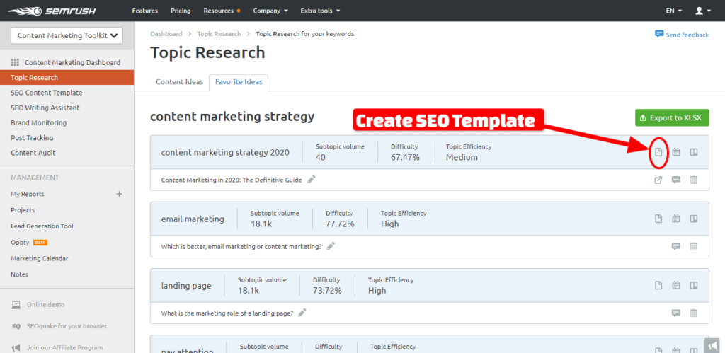 create seo template - SEMrush COntente Marketing Toolkit